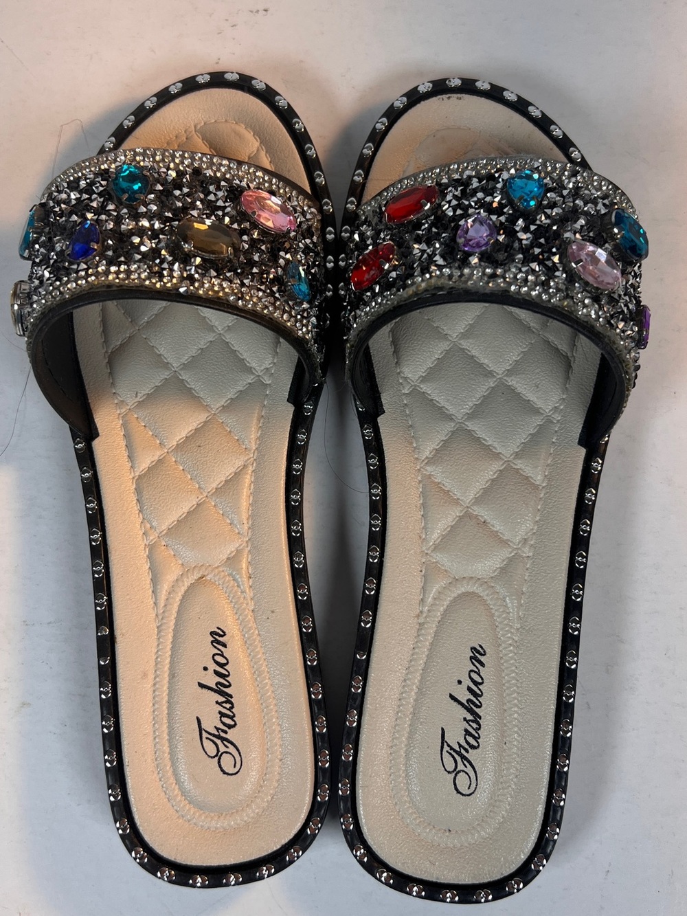 Fashion Nova Black Jeweled Slide Sandals with Multicolor Gems